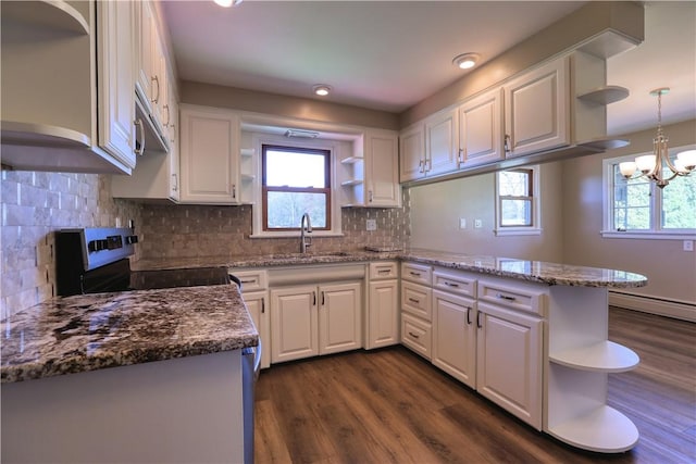 kitchen featuring open shelves, a sink, stainless steel electric stove, white cabinetry, and dark wood-type flooring