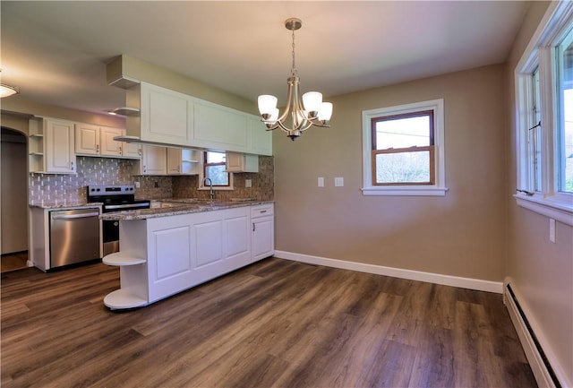 kitchen with white cabinets, dark wood-style flooring, open shelves, baseboard heating, and stainless steel appliances