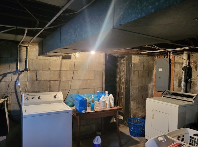 unfinished basement with washer and clothes dryer and electric panel