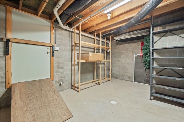 unfinished basement featuring concrete block wall