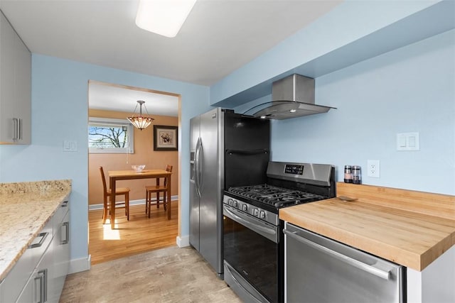 kitchen featuring wooden counters, light wood-style floors, baseboards, wall chimney exhaust hood, and stainless steel appliances