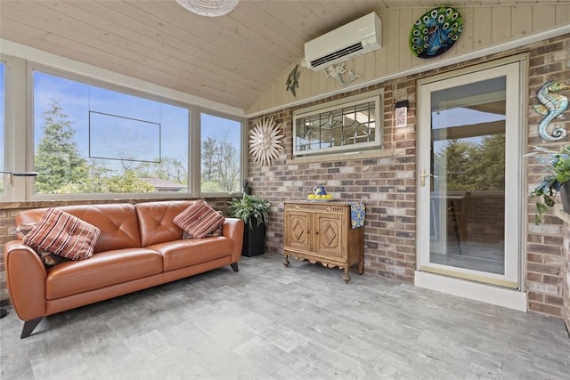 sunroom featuring a wall mounted air conditioner, an outdoor living space, wood finished floors, vaulted ceiling, and wood ceiling