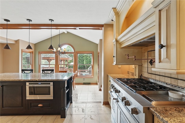 kitchen with light stone counters, lofted ceiling with beams, stove, and decorative backsplash