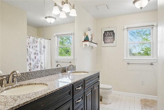 full bathroom with tile patterned flooring, a sink, double vanity, and toilet