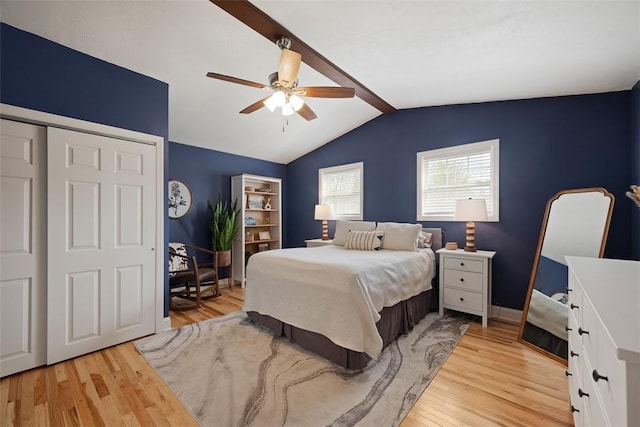 1928 Shamokin, South Side, PA 15203 - bedroom featuring baseboards, vaulted ceiling with beams, light wood finished floors, and ceiling fan
