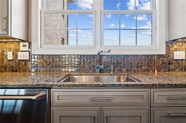 1043 Blackthorne Dr, Penn Twp Wml, PA 15644 - kitchen featuring stainless steel dishwasher, gray cabinetry, and a sink