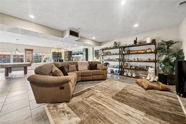 1043 Blackthorne Dr, Penn Twp Wml, PA 15644 - living room featuring visible vents, stone tile floors, pool table, and recessed lighting