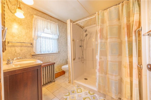 14 Cedar St, Masontown, PA 15461 - full bath featuring vanity, curtained shower, toilet, wallpapered walls, and tile patterned floors