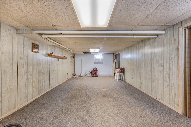 14 Cedar St, Masontown, PA 15461 - basement with wooden walls, carpet, and a drop ceiling