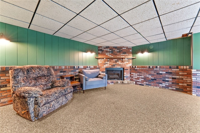 935 Broglie, South Park, PA 15236 - living area featuring carpet, a brick fireplace, and a paneled ceiling