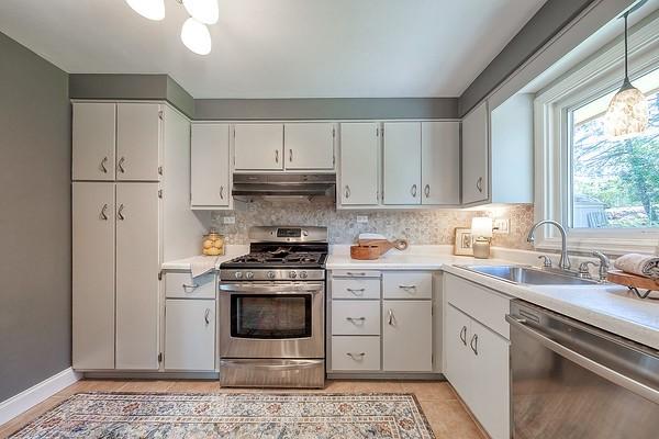 kitchen featuring backsplash, a sink, light countertops, under cabinet range hood, and stainless steel appliances