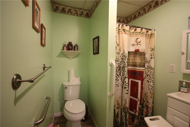 full bath featuring toilet, a shower with curtain, and vanity