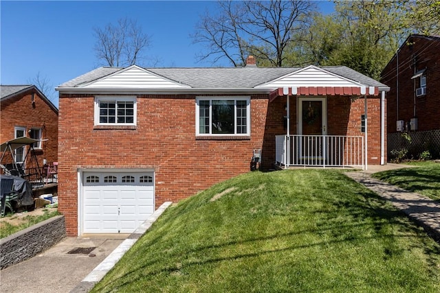 view of front of property with brick siding, a garage, a front yard, a chimney, and driveway