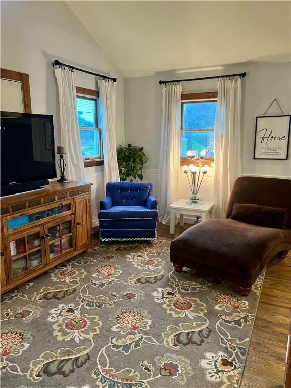 living area featuring wood finished floors and vaulted ceiling