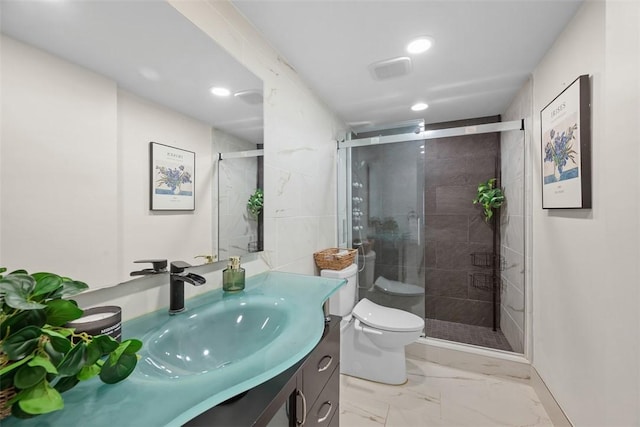 307 S Dithridge Unit 208, Oakland, PA 15213 - bathroom with marble finish floors, a stall shower, toilet, and recessed lighting
