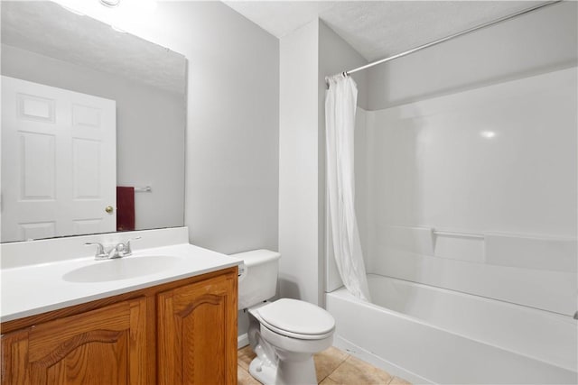 bathroom with toilet, tile patterned floors, shower / bathtub combination with curtain, and vanity