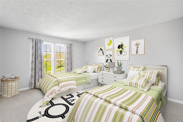 carpeted bedroom featuring a textured ceiling and baseboards