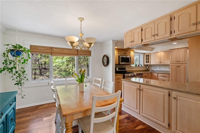 dining area with baseboards, a notable chandelier, a healthy amount of sunlight, and dark wood-type flooring