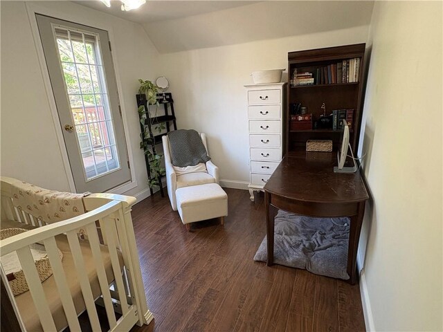 315 Taylor Ave, Bellevue, PA 15202 - bedroom featuring dark wood-style flooring, baseboards, access to exterior, and lofted ceiling