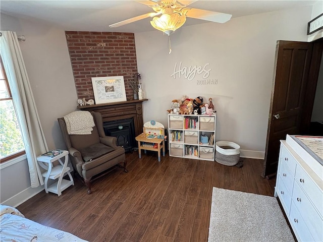 315 Taylor Ave, Bellevue, PA 15202 - bedroom featuring a ceiling fan, baseboards, wood finished floors, and a fireplace