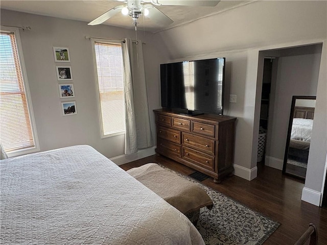 315 Taylor Ave, Bellevue, PA 15202 - bedroom featuring baseboards, ceiling fan, vaulted ceiling, and dark wood-style flooring