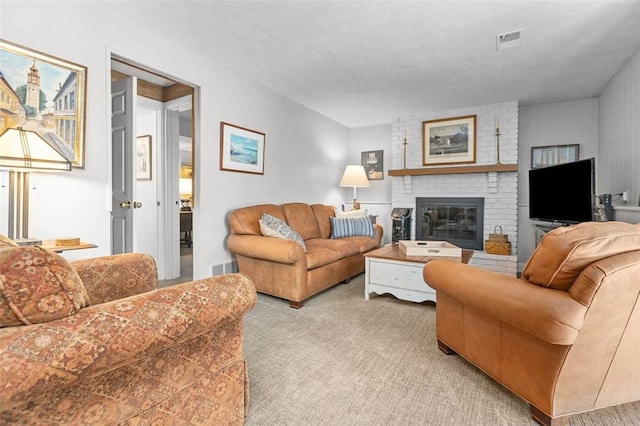 5983 Daleview Dr, Bethel Park, PA 15102 - living room featuring visible vents, light carpet, and a fireplace