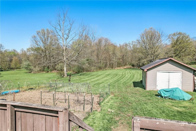 view of yard featuring a storage shed, an outbuilding, and a vegetable garden
