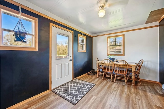 dining space featuring baseboards, ornamental molding, a ceiling fan, and wood finished floors