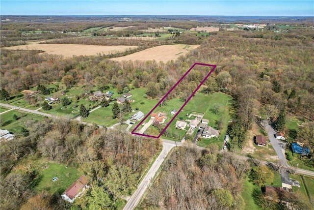bird's eye view featuring a wooded view