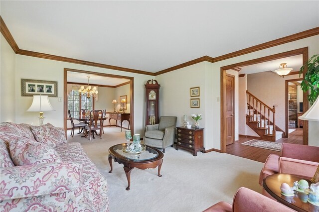 1058 Rimrock Rd, City Of Greensburg, PA 15601 - living area featuring stairs, crown molding, and carpet floors