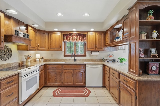 1058 Rimrock Rd, City Of Greensburg, PA 15601 - kitchen featuring white appliances, open shelves, brown cabinetry, and a sink