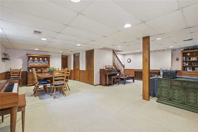 1058 Rimrock Rd, City Of Greensburg, PA 15601 - carpeted dining area featuring visible vents, wainscoting, a drop ceiling, stairway, and recessed lighting