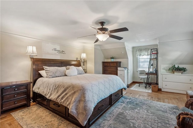 bedroom featuring ceiling fan and light wood-style flooring