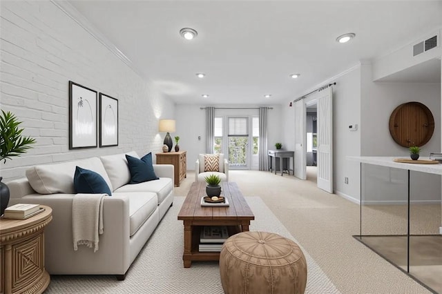 living area with visible vents, crown molding, brick wall, light carpet, and recessed lighting