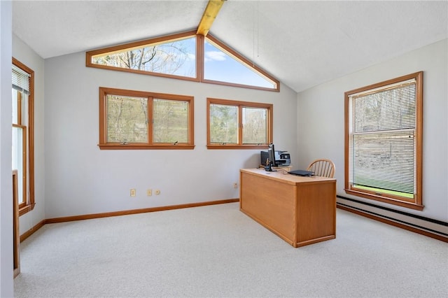 office area featuring baseboards, lofted ceiling with beams, carpet, and a baseboard heating unit