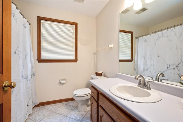 full bathroom with visible vents, tile patterned flooring, toilet, and vanity