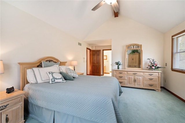 bedroom with light carpet, a ceiling fan, baseboards, vaulted ceiling with beams, and visible vents