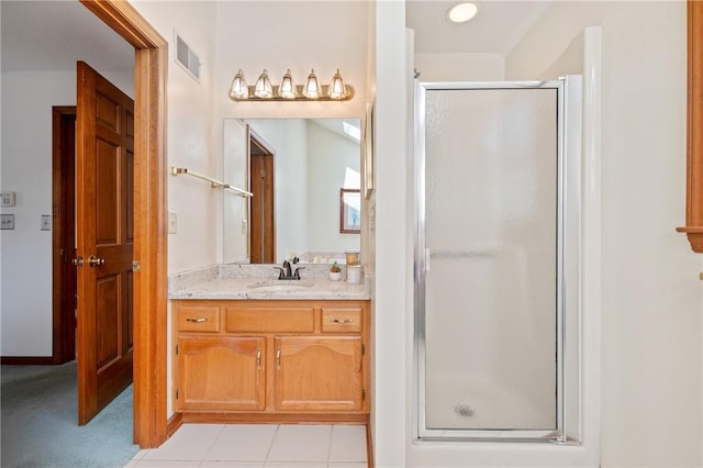 bathroom with visible vents, vanity, and a shower stall