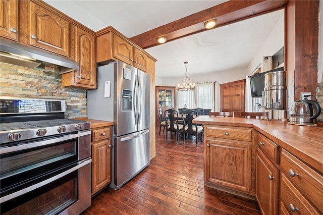 kitchen featuring butcher block countertops, under cabinet range hood, a chandelier, and stainless steel appliances