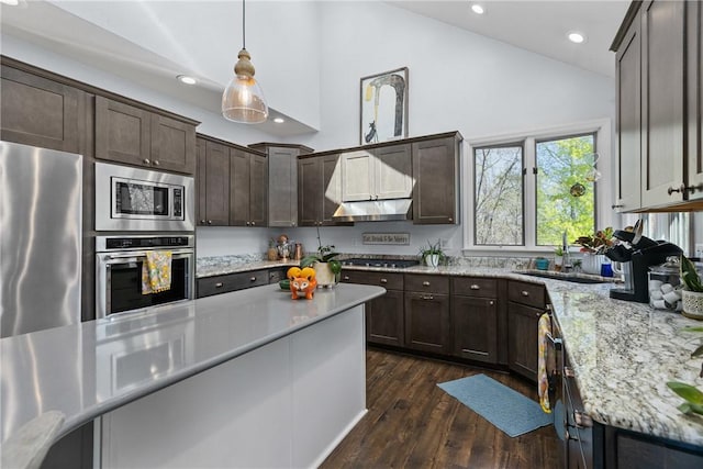 kitchen with decorative light fixtures, dark brown cabinets, a sink, stainless steel appliances, and dark wood-type flooring