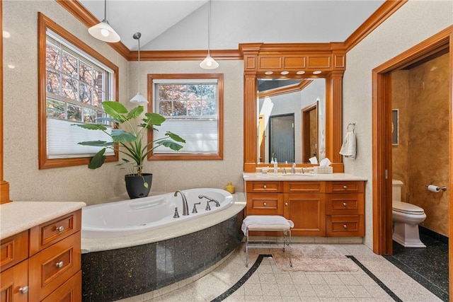 full bathroom featuring vanity, a bath, vaulted ceiling, and toilet