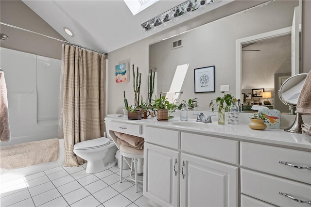 full bath featuring visible vents, curtained shower, tile patterned floors, vanity, and toilet