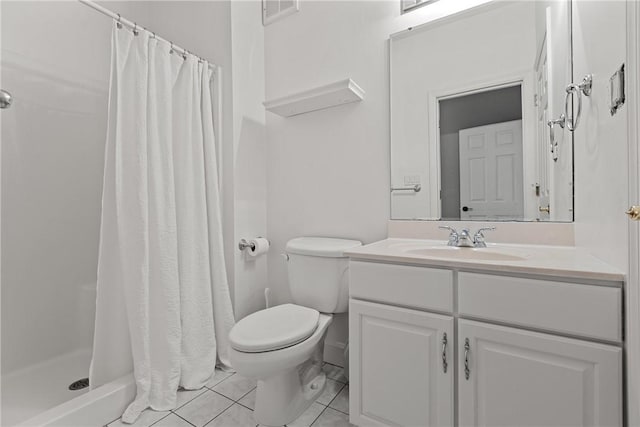 full bathroom featuring vanity, tile patterned floors, a shower stall, and toilet