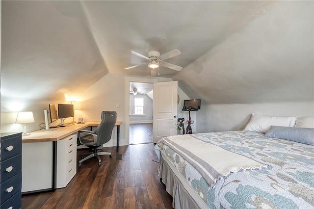 bedroom featuring ceiling fan, dark wood finished floors, and lofted ceiling