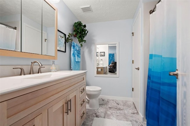 full bathroom with vanity, toilet, marble finish floor, baseboards, and visible vents