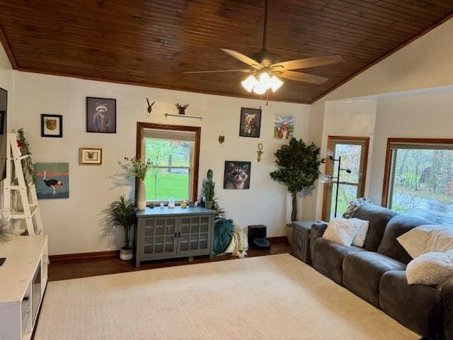 living room featuring wood ceiling, baseboards, a ceiling fan, and lofted ceiling