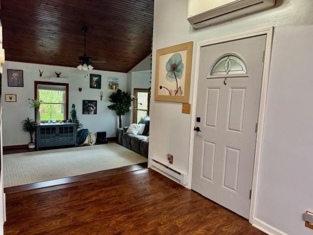 foyer featuring dark wood-style flooring, a wall mounted air conditioner, wooden ceiling, a baseboard radiator, and lofted ceiling