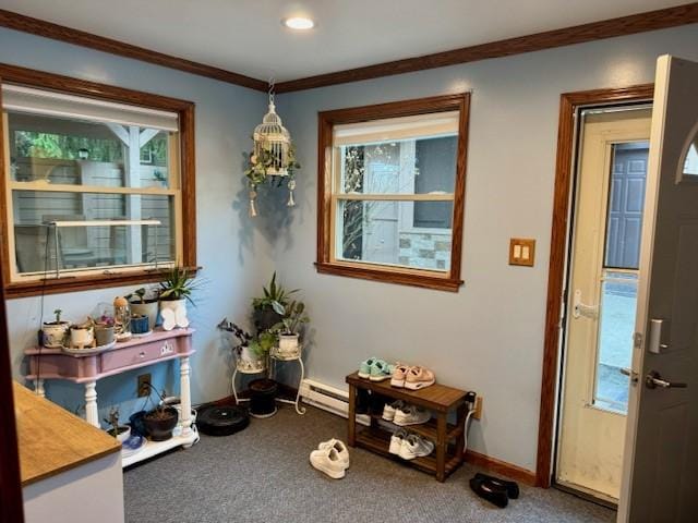 misc room with crown molding, carpet flooring, baseboards, and baseboard heating