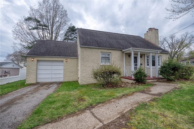 cape cod house featuring covered porch, driveway, a chimney, roof with shingles, and a garage