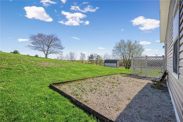 view of yard featuring an outdoor structure and a shed